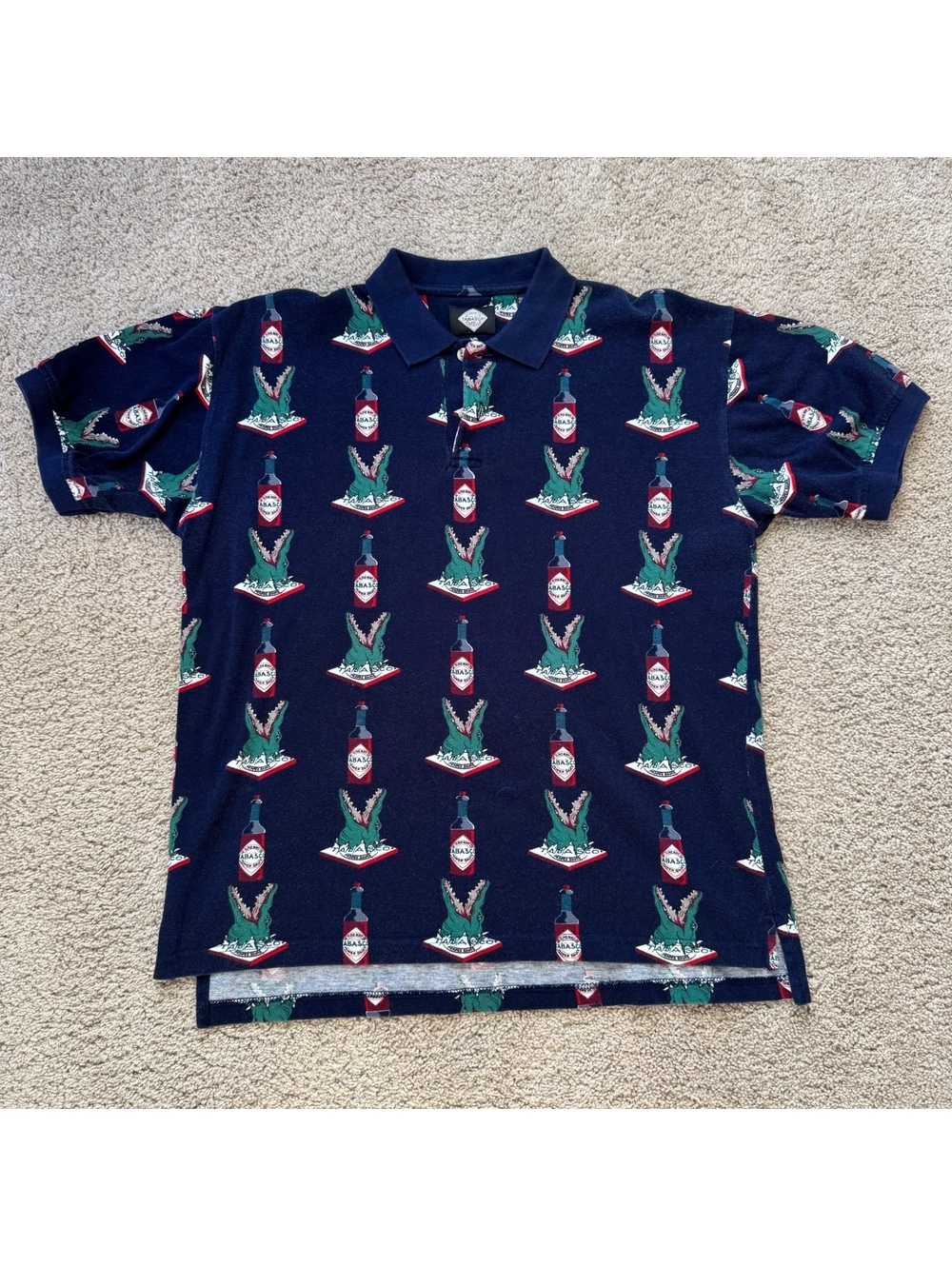 Tabasco Polo golf Shirt Mens Medium Multicolor All Over Print Vintage 100%Cotton